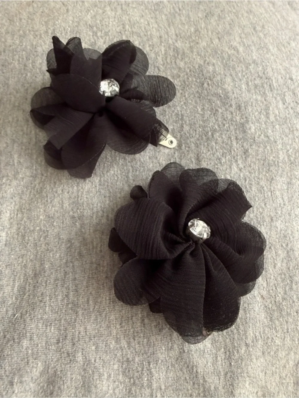 Set of 2 Black Floral Fabric Hair Clips with Rhinestone Accent